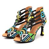 Latin Dance Shoes Ladies Dance Boots Elastic Band Adjustment Ballroom Blue African Texture Dance Shoes