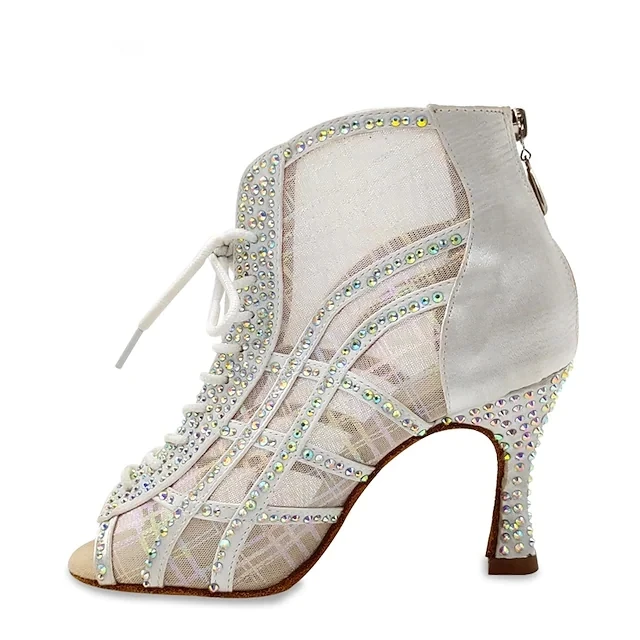 Women's Customized Heel Latin Dance Ankle Boots Ballroom Salsa Dance Shoes Silver Rhinestone