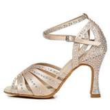 <transcy>Zapatos de baile de fiesta para mujer, diamantes de imitación brillantes de satén, tacones de baile latino de fondo suave, sandalias cubanas de Salsa Bachata</transcy>