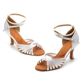 Ladies Latin Dance Shoes White Satin Flare Heels Women Ballroom Salsa Dancing Shoes