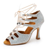 Latin Dance Shoes Silver Glitter Rhinestones Ballroom Dancing Shoes Women Party Salsa Shoes