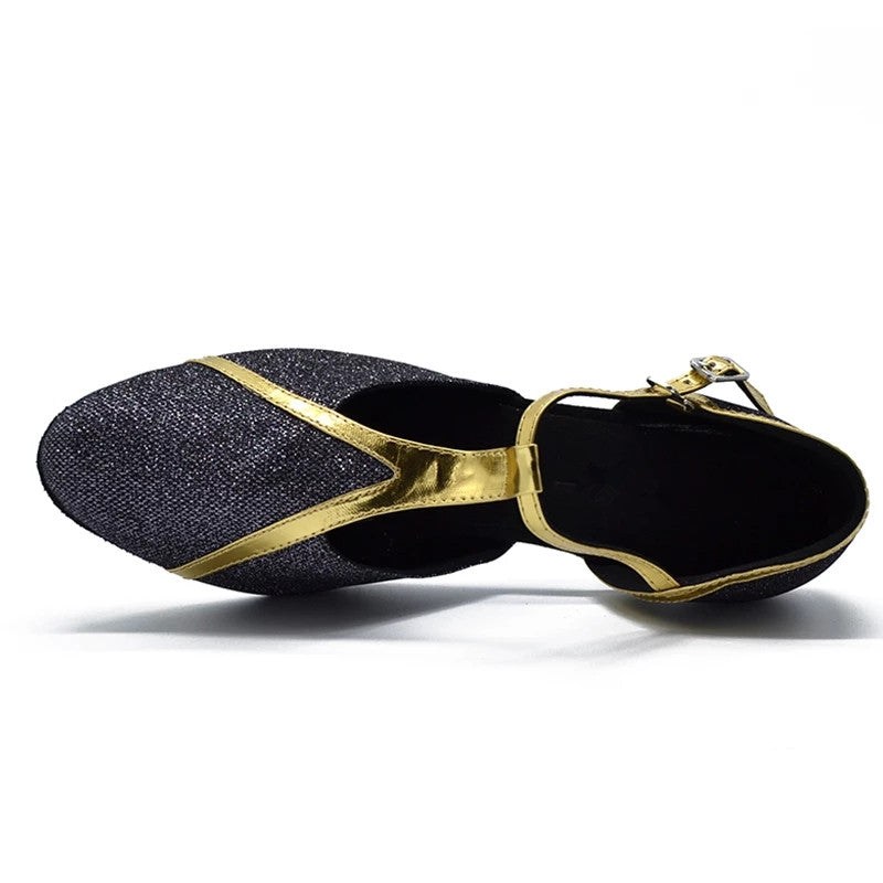 Black Gold PU Women's Custom Heel Latin Dance Shoes Ballroom Salsa Modern Dance Shoes