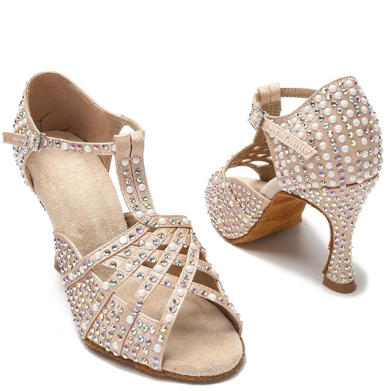 Rhinestone Pearl Dance Heels Tango Salsa Rumba Samba Latin Ballroom Dance Shoes Soft Sole Women Sandals