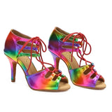 <transcy>Zapatos de baile latino para salón de baile para mujer, sandalias de baile de salsa con cordones para mujer, tacón deportivo de PU con arcoíris</transcy>