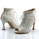 Women Ankle Dance Boots Silver Customized Heel Latin Ballroom Tango Salsa Dancing Shoes Silver