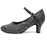 Women's Modern Dance Black Satin Rhinestone Party Wedding Closed-toe Practice Dancing Shoes Latin Dancer Heel