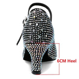 Women's Modern Dance Black Satin Rhinestone Party Wedding Closed-toe Practice Dancing Shoes Latin Dancer Heel