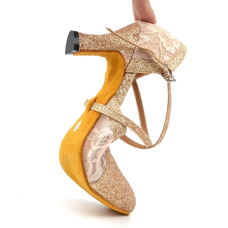Closed Toe Modern Dance Shoes Latin Salsa Glitter Lace Golden Women Dancing Shoes