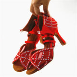 Sparkling Rhinestone Salsa Latin Dance Shoes Women Soft Sole Red Mesh Dancing Shoes