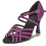 Women's Latin Dance Shoes Tango Ballroom Dance Training Shoes Lady Girls Sandals Rhinestone Wedding High Heels Purple Black