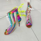 Latin Dance Boots Rainbow Bachata Salsa Dancing Shoes for Women Girls Ballroom Dance Shoes PU Mesh