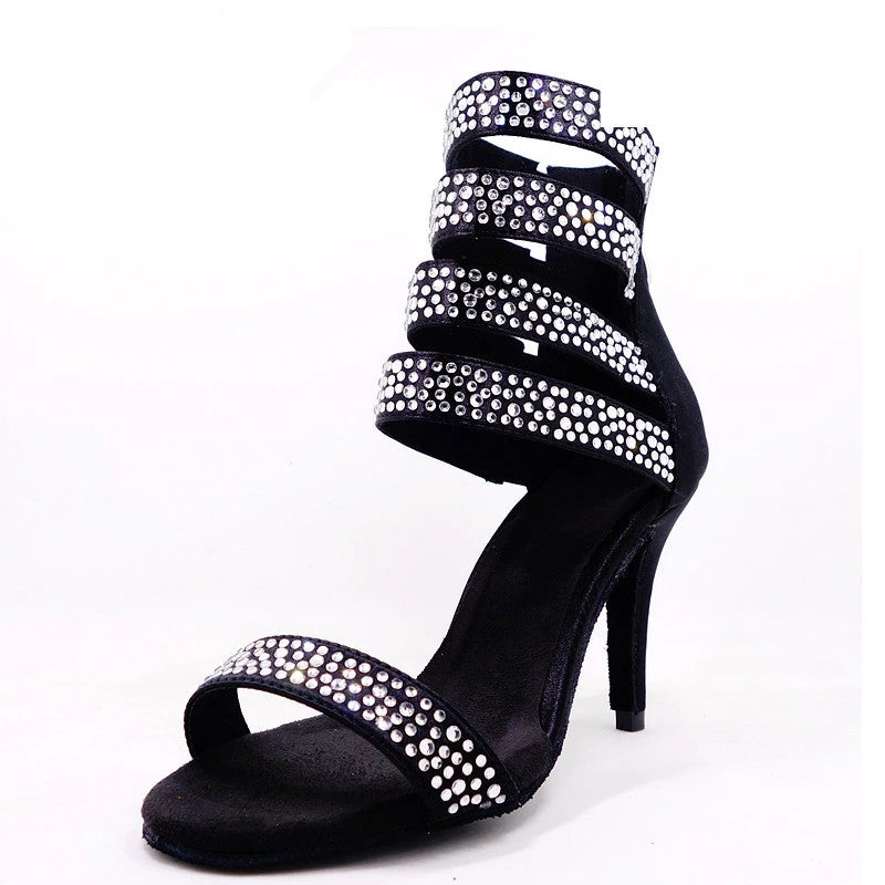 Latin Dancing Shoes Salsa 8.5cm Heel Height Satin Ballroom Rhinestone Dance Shoes For Women