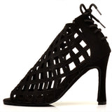 Latin Salsa Dance Shoes Black Flock Suede Sole Women Lace-up Ballroom Dance Boots Cuban High Heels