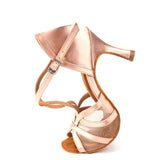 Ladies Latin Dance Shoes Mesh Pink Satin Flare Heels Ballroom Salsa Dancing Shoes For Women