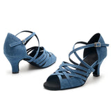 Ladies Latin Dance Shoes Denim Flare Heels Women Dancing Shoes