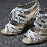 Women Party Dance Shoes Satin Shining Rhinestones Soft Suede Bottom Salsa Dance Shoes Heels White Black