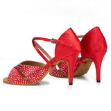 Women Red Latin Dance Shoes Satin Rhinestone Salsa Ballroom Dancing Shoes Custom Heel