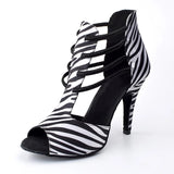 Zebra Color Satin Boots Women's Sandals Salsa Tango Latin Dance Shoes Customized Heel