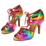 <transcy>Zapatos de baile latino para salón de baile para mujer, sandalias de baile de salsa con cordones para mujer, tacón deportivo de PU con arcoíris</transcy>