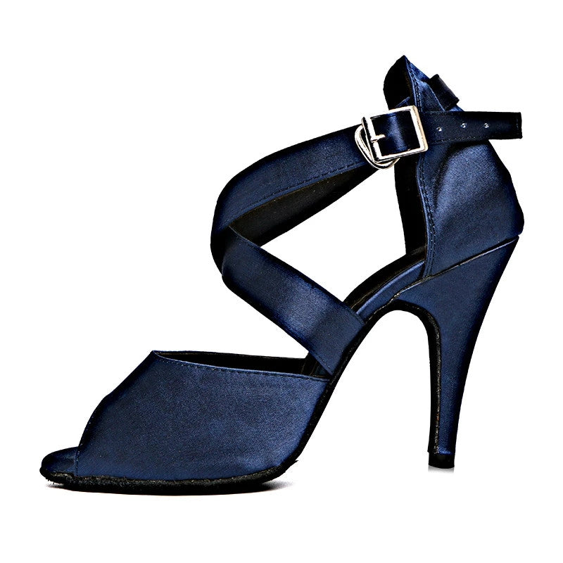 Latin Dance Shoes Dark Blue Satin Women's High Heel 10cm Salsa Shoes Soft Outsole