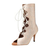Women's Satin Booties Customized Heel Latin Salsa Rhinestone Ballroom Dance Shoes