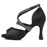 <transcy>Tango Salsa Latin Swing Dance Shoes Mujeres Salón de baile Sandalias de fiesta de boda Tacones de satén negro</transcy>