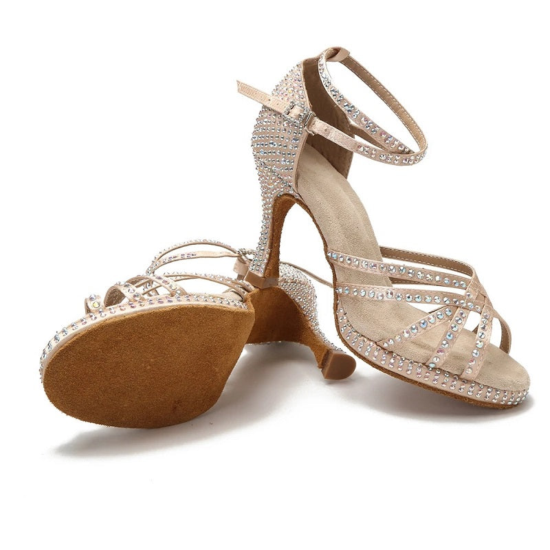 Rhinestone Soft Bottom High Heels Tango Latin Salsa Rumba Dance Shoes Women Sandals