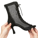 Latin Dance Shoes Women Mesh Rhinestone Ballroom Dance Boots Open Toe Party Shoes High Heels