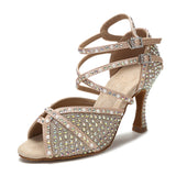 Soft Sole Latin Dance Shoes Tango Salsa Rumba Samba Ladies Pearl Rhinestone High Heels Women Sandals