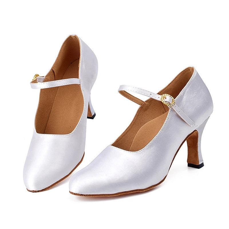 White Brown Latin Dance Shoes Women Satin Rhinestone Buckle Closed Toe Ballroom Modern Dance Shoes
