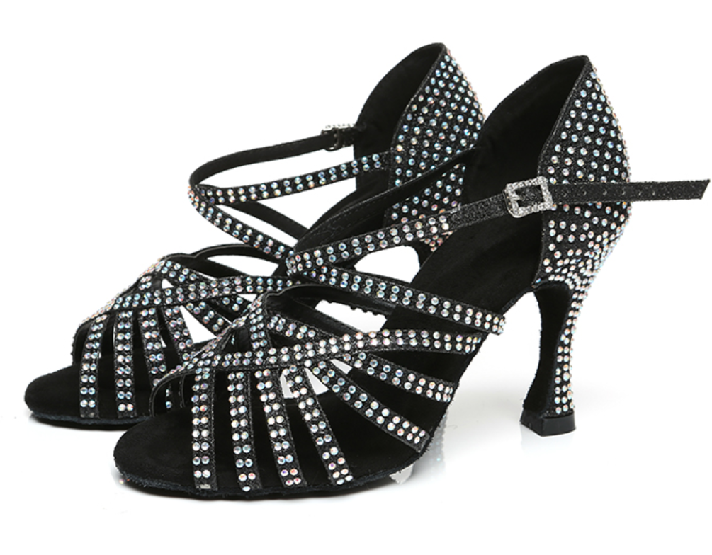 Women Rhinestone Latin Ballroom Dance Shoes For Girls Soft Bottom Bachata Salsa Black Champagne Dancing Shoes