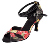 Women Salsa Shoes Latin Satin Soft Sole Flower Black Ballroom Dance Shoes Customized Heel