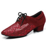 Modern Latin Dance Shoes For Women Black Red Closed Toe Low Heel Ballroom Dancing Shoes