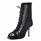 Latin Salsa Women Dance Boots Soft Sole Black Lace Ballroom Tango Dancing Shoes