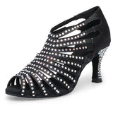 Women's Ballroom Dance Boots Rhinestone Black Satin Latin Tango Salsa Swing Bachata Dancing Shoes Heeled