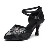 Black Lace Up Latin Ballrom Dance Shoes For Women Rhinestone Salsa Dancing Shoes