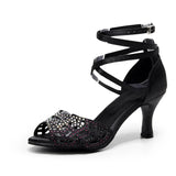 Women Rhinestion Latin Dance Shoes Black Soft Sole Ballroom Salsa Dancing Shoes for Girl Summer Wedding Party Sandals