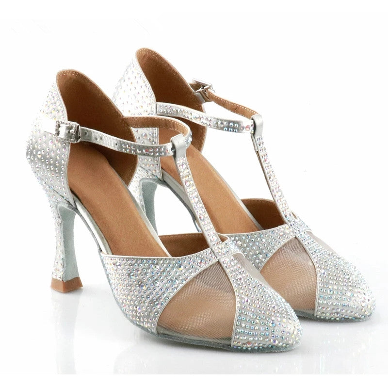 Silver Satin Rhinestone Modern Latin Dance Shoes Wedding Shoes Rhinestone