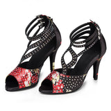 Women Girls Latin Ballroom Dance Shoes Satin Rhinestone Buckle Ankle Strap Salsa Dance Shoes