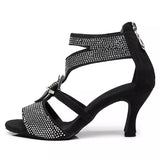 Ladies Party Dance Shoes Black Shiny Rhinestone Soft Bottom Latin Dance Shoes Heels
