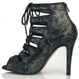 <transcy>Zapatos de baile de salsa de salón latino para mujeres niñas botas negras con punta abierta con estampado de serpiente</transcy>