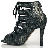 <transcy>Обувь для латинских бальных танцев сальсы для женщин и девочек, черные ботинки с открытым носком со змеиным принтом</transcy>