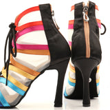 Customized High Heels Dance Boots Satin Mesh Women Ladies Rainbow Black Latin Ballroom Salsa Dancing Shoes