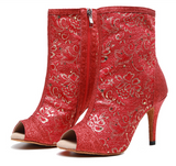 Women Latin Dance Boots Red Gliiter Salsa Soft Sole Ballroom Dancing Shoes for Wedding Party Sandals
