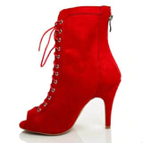 Ballroom Latin Salsa Dance Shoes for Women Suede Lace Up Ankle Boots Red Black