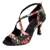 Latin Dance Shoes Woman Salsa Black Ballroom Shoes Ladies Satin Soft Sole Black Flower