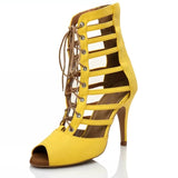 Women Dance Boots For High Heel Yellow PU Girls Soft Bachata Salsa Ballroom Dancing Shoes