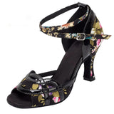 Women Salsa Shoes Satin Soft Sole Flower Black Ballroom Latin Dance Shoes High Heel