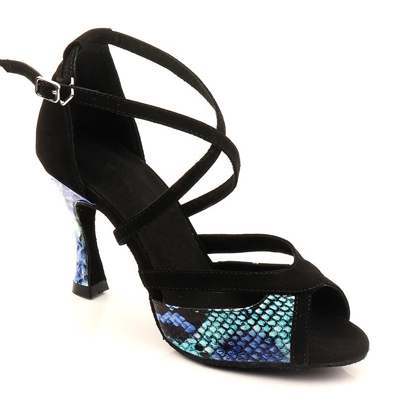 Latin Dancing Shoes For Women Black Suede And Blue Snake Pattern PU Salsa Dance Shoes Women's Ballroom Sandals