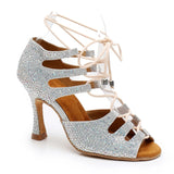 Latin Dance Shoes Silver Glitter Rhinestones Ballroom Dancing Shoes Women Party Salsa Shoes